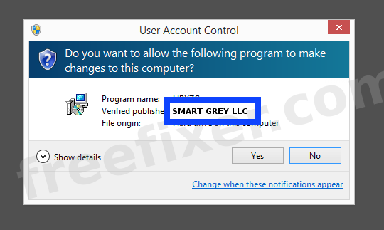 Screenshot where SMART GREY LLC appears as the verified publisher in the UAC dialog
